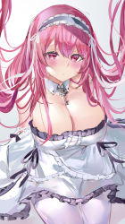 Rule 34 | 1girl, absurdres, azur lane, blush, breasts, cleavage, closed mouth, dress, highres, large breasts, long hair, looking at viewer, maid headdress, mile (off8mile), pantyhose, perseus (azur lane), pink eyes, pink hair, simple background, solo, very long hair, white background, white dress, white pantyhose