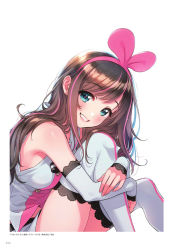 Rule 34 | 1girl, aqua eyes, arm warmers, bare shoulders, blush, breasts, brown hair, fingernails, hairband, highres, hugging own legs, kizuna ai, kizuna ai inc., knees up, lips, long hair, looking at viewer, medium breasts, morikura en, multicolored hair, official art, page number, parted lips, pink hair, pink hairband, shiny skin, shorts, simple background, sleeveless, smile, solo, thighhighs, virtual youtuber, white background, white shorts