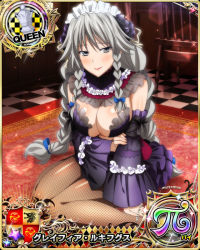 Rule 34 | 1girl, blue bow, blush, bow, braid, breasts, card (medium), chess piece, cleavage, female focus, grayfia lucifuge, grey eyes, grey hair, hair bow, high school dxd, large breasts, long hair, looking at viewer, maid headdress, matching hair/eyes, mature female, official art, queen (chess), red lips, smile, solo, twin braids, twintails