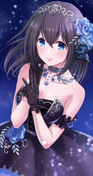 Rule 34 | 1girl, black dress, black gloves, black hair, blue eyes, blue flower, blue rose, breasts, closed mouth, commentary request, dress, flower, gloves, hair flower, hair ornament, hands up, highres, idolmaster, idolmaster cinderella girls, idolmaster cinderella girls starlight stage, long hair, medium breasts, necocafe lili, own hands together, rose, sagisawa fumika, smile, solo, strapless, strapless dress, tiara, upper body