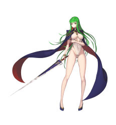 Rule 34 | 1girl, absurdres, bad id, bad pixiv id, breasts, c.c., cape, cleavage, closers, code geass, covered erect nipples, covered navel, earrings, gluteal fold, green hair, groin, highleg, highleg leotard, highres, holding, holding sword, holding weapon, jewelry, legendwarrior, leotard, long hair, looking at viewer, simple background, solo, sword, weapon, white background, yellow eyes