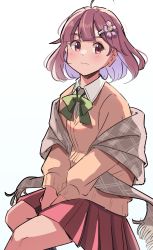 Rule 34 | 1girl, 5alive, ahoge, bow, brown hair, closed mouth, feet out of frame, flower, green neckwear, hair flower, hair ornament, hairclip, hieda no akyuu, highres, light blush, pleated skirt, school uniform, shirt, short hair, simple background, skirt, solo, touhou, white background, white shirt