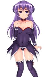 Rule 34 | 1girl, absurdres, angel mort, bare shoulders, breasts, cleavage, collar, collarbone, cowboy shot, detached sleeves, hand on own chest, hanyuu, heart, highres, higurashi no naku koro ni, horns, leotard, long hair, looking at viewer, purple eyes, purple hair, reonharuto, ribbon, simple background, smile, solo, standing, thighhighs, waitress, white background