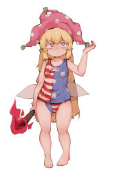 Rule 34 | 1girl, american flag, american flag print, bad id, bad pixiv id, bare legs, barefoot, blonde hair, clownpiece, fairy wings, flag print, full body, hat, highres, holding, holding torch, jester cap, long hair, one-piece swimsuit, pink eyes, pink hat, polka dot, simple background, sleeveless, solo, soya6479, swimsuit, swomp (going under), torch, touhou, very long hair, white background, wings