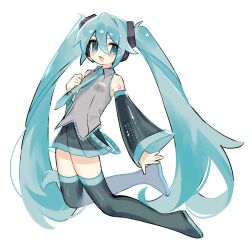 Rule 34 | 1girl, :d, aqua eyes, aqua hair, aqua necktie, black footwear, black skirt, black sleeves, boots, chicachang, commentary request, detached sleeves, hair between eyes, hand up, hatsune miku, headset, highres, long hair, looking at viewer, necktie, open mouth, pleated skirt, simple background, skirt, smile, solo, thigh boots, twintails, very long hair, vocaloid, white background