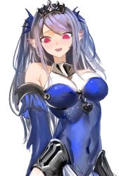 Rule 34 | 1girl, absurdres, asaki (asaki vision), blue dress, braid, breasts, covered navel, detached sleeves, dress, duel monster, fins, grey hair, head fins, highres, impossible clothes, large breasts, long hair, looking at viewer, medium breasts, red eyes, siren (mythology), solo, strapless, tearlaments scheiren, tiara, torso, twin braids, white background, yu-gi-oh!