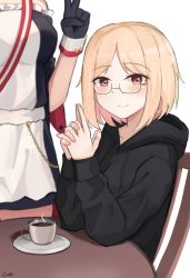 Rule 34 | 2girls, absurdres, artist name, bare shoulders, black jacket, blonde hair, breasts, brown eyes, chair, coffee, coffee cup, commission, cup, detached sleeves, disposable cup, gamryous, girls&#039; frontline, glasses, gloves, highres, hood, hood down, jacket, long sleeves, looking at viewer, medium breasts, mp40 (girls&#039; frontline), multiple girls, non-web source, official alternate costume, own hands clasped, own hands together, plate, short hair, simple background, small breasts, smile, sv-98 (waitress) (girls&#039; frontline), table