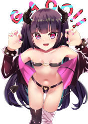 Rule 34 | 1girl, :d, absurdres, bandaged leg, bandages, bare shoulders, black hair, black jacket, black thighhighs, blush, bracelet, breasts, claw pose, collarbone, commentary request, curled horns, demon girl, demon horns, demon tail, fangs, gao, gluteal fold, hands up, heart, highres, horns, huwahuwa raidou, jacket, jewelry, long hair, nail polish, navel, o-ring, off shoulder, open clothes, open jacket, open mouth, original, pink nails, red eyes, revealing clothes, simple background, single thighhigh, small breasts, smile, solo, spiked bracelet, spikes, tail, thigh gap, thighhighs, v-shaped eyebrows, very long hair, white background