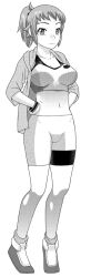 Rule 34 | 1girl, bike shorts, breasts, gundam, gundam build fighters, hands on own hips, highres, hoshino fumina, large breasts, legs, looking at viewer, midriff, monochrome, navel, ponytail, smile, sports bra, thighs