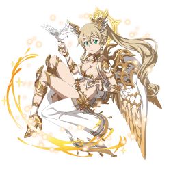 Rule 34 | 1girl, alternate hair color, armlet, bird, bird on hand, blonde hair, bra, breasts, brown wings, cape, cleavage, collarbone, feathered wings, floating hair, from side, full body, green eyes, hair between eyes, high heels, highres, leafa, long hair, looking at viewer, medium breasts, midriff, multicolored wings, navel, official art, panties, parted lips, ponytail, solo, stomach, sword art online, sword art online: alicization, transparent background, underwear, very long hair, waist cape, white bra, white cape, white panties, white wings, wings