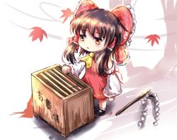 Rule 34 | 1girl, ascot, autumn, autumn leaves, bad id, bad pixiv id, bow, box, brown eyes, brown hair, check commentary, child, commentary request, detached sleeves, donation box, dress, gohei, hair bow, hair tubes, hakurei reimu, kotou (ko-tou), long sleeves, open mouth, red dress, solo, touhou, wide sleeves, aged down
