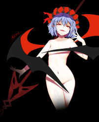 Rule 34 | 1girl, absurdres, bat wings, black background, black hat, blue hair, collarbone, contrapposto, convenient censoring, fangs, fingernails, greetload, half-closed eyes, hand up, hat, hat ribbon, highres, looking at viewer, mob cap, navel, nude, pointy ears, red eyes, red ribbon, remilia scarlet, ribbon, sharp fingernails, simple background, smile, solo, spear the gungnir, standing, touhou, wing censor, wings