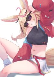 Rule 34 | 1girl, animal ear fluff, animal ears, belt, black hair, black sweater, blonde hair, breasts, commentary request, fingernails, highres, hololive, ichi-go, jacket, looking at viewer, medium breasts, midriff, multicolored hair, nail polish, navel, omaru polka, pink hair, pleated skirt, purple eyes, red belt, red jacket, simple background, sitting, skirt, solo, sunglasses, sweater, thighs, virtual youtuber, white background, white skirt