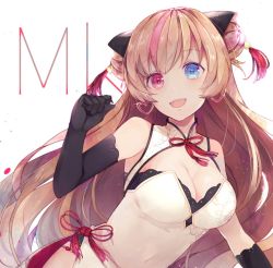 Rule 34 | 1girl, ahoge, alternate costume, bare shoulders, black bra, black gloves, black panties, blue eyes, blush, bra, breasts, brown hair, character name, china dress, chinese clothes, cleavage, clenched hand, covered navel, double bun, dress, earrings, elbow gloves, girls&#039; frontline, gloves, hair between eyes, hair bun, hair ornament, hand up, heart, heart earrings, heterochromia, jewelry, large breasts, light particles, long hair, looking at viewer, mk23 (girls&#039; frontline), multicolored hair, open mouth, panties, red eyes, side slit, simple background, smile, solo, sparkle, streaked hair, tassel, underwear, very long hair, white background, yellow eyes, yuizayomiya