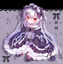Rule 34 | 1girl, black bow, black dress, black footwear, bow, button eyes, buttons, closed mouth, collarbone, commentary request, cross, dress, frilled dress, frills, fuxiyu, gothic lolita, grey background, grey hair, hair between eyes, hair bow, hair ornament, hairclip, highres, holding, holding stuffed toy, juliet sleeves, latin cross, lolita fashion, long hair, long sleeves, looking at viewer, original, puffy sleeves, red eyes, shoes, sitting, sleeves past fingers, sleeves past wrists, solo, striped clothes, striped thighhighs, stuffed animal, stuffed cat, stuffed toy, thighhighs, two side up, very long hair, wariza, wide sleeves, x hair ornament