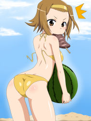 Rule 34 | 00s, 1girl, ^^^, ass, beach, bikini, brown eyes, brown hair, day, food, from behind, fruit, hairband, holding, holding food, holding fruit, k-on!, kebab, leaning forward, looking back, mouth hold, non (number), short hair, solo, swimsuit, tainaka ritsu, tomboy, untied, wardrobe malfunction, watermelon, yellow bikini