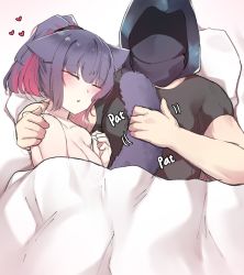 Rule 34 | 1boy, 1girl, :o, aftersex, animal ears, arknights, bare shoulders, bed sheet, black shirt, blush, breasts, cat ears, cat girl, cat tail, cleavage, closed eyes, collarbone, commentary, doctor (arknights), english commentary, hand on another&#039;s shoulder, heart, highres, jessica (arknights), k0ng, lying, male doctor (arknights), medium breasts, multicolored hair, on back, on side, parted lips, pillow, ponytail, purple hair, shirt, short sleeves, streaked hair, tail, tail raised, under covers