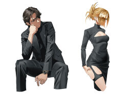 Rule 34 | 1boy, 1girl, absurdres, black dress, black eyes, black hair, black jacket, black pants, black shrug, blonde hair, breasts, cleavage, cleavage cutout, clothing cutout, commentary, dress, facial hair, garter straps, goatee, hand on own ass, head rest, highres, invisible chair, jacket, medium breasts, original, pants, shrug (clothing), side slit, sitting, skindentation, suit jacket, tbocart, thigh strap, turtleneck, watch, wristwatch