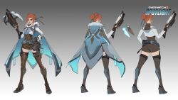 1girl ass bow_(weapon) bowgun cape commentary concept_art cowlick crossbow english_commentary freckles freja_(overwatch) full_body green_eyes hair_bun highres holding holding_crossbow holding_weapon multiple_views official_art orange_hair overwatch thighhighs thighs weapon