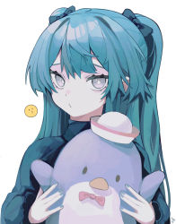 Rule 34 | 1girl, absurdres, blue bow, blue hair, blue nails, bow, bright pupils, closed mouth, commission, diamond-shaped pupils, diamond (shape), emoji, fingernails, grey background, grey eyes, hair bow, highres, holding, holding stuffed toy, long hair, looking at viewer, nail polish, original, red bow, simple background, solo, stuffed animal, stuffed penguin, stuffed toy, symbol-shaped pupils, syu45, turtleneck, twintails, upper body, white pupils