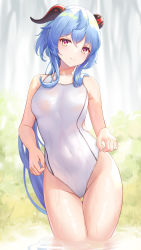Rule 34 | 1girl, ahoge, airool, bare arms, bare shoulders, blue hair, blush, breasts, closed mouth, collarbone, commentary, competition swimsuit, covered navel, day, female focus, frown, ganyu (genshin impact), genshin impact, gluteal fold, goat horns, grass, groin, highleg, highleg swimsuit, highres, horns, long hair, looking at viewer, medium breasts, one-piece swimsuit, outdoors, ponytail, purple eyes, see-through, sidelocks, solo, standing, swimsuit, thigh gap, thighs, very long hair, wading, water, wet, wet clothes, wet swimsuit, white one-piece swimsuit