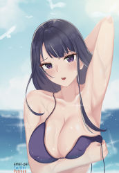 Rule 34 | amai-pai, animal, arm under breasts, arm up, artist name, bikini, bird, black hair, blue sky, blurry, blurry background, blush, breast hold, breasts, cleavage, collarbone, commentary, covered erect nipples, day, genshin impact, highres, large breasts, looking at viewer, mole, mole under eye, open mouth, outdoors, purple bikini, purple eyes, raiden shogun, sky, solo, swimsuit, teeth, untied bikini, upper teeth only, water, wet