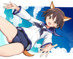 Rule 34 | 1girl, animal ears, blouse, blue neckerchief, blue one-piece swimsuit, blue sailor collar, blue sky, blush, brown eyes, brown hair, cloud, cloudy sky, commentary request, commission, crotch seam, day, dress, dutch angle, long sleeves, looking at viewer, miyafuji yoshika, neckerchief, odawara hakone, one-piece swimsuit, open mouth, outside border, outstretched arms, partial commentary, sailor collar, sailor dress, school swimsuit, shirt, short hair, skeb commission, sky, smile, solo, spread arms, standing, strike witches, swimsuit, swimsuit under clothes, tail, uniform, white shirt, world witches series
