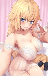 Rule 34 | 1girl, babydoll, bare shoulders, black bow, blonde hair, blue eyes, blush, bow, braid, breasts, cleavage, collarbone, covered navel, fate/apocrypha, fate (series), hair between eyes, hair bow, highres, jeanne d&#039;arc (fate), jeanne d&#039;arc (ruler) (fate), large breasts, long hair, looking at viewer, low-tied long hair, off shoulder, open mouth, see-through, sitting, smile, solo, thighs, untue, very long hair