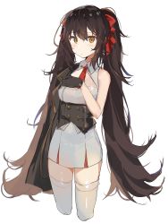 Rule 34 | 1girl, bad id, bad twitter id, bare arms, bare shoulders, black gloves, black hair, blush, buttons, closed mouth, double-breasted, girls&#039; frontline, gloves, hair ribbon, highres, long hair, looking at viewer, necktie, ribbon, sabet (young ouo), shirt, solo, thighhighs, type 97 (girls&#039; frontline), very long hair, white background, white shirt, white thighhighs