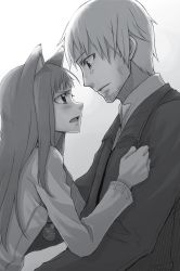 Rule 34 | 1boy, 1girl, animal ears, ayakura juu, beard, couple, craft lawrence, eye contact, facial hair, goatee stubble, grey background, greyscale, holo, long hair, looking at another, monochrome, novel illustration, official art, open mouth, parted lips, spice and wolf, stubble, wolf ears