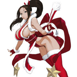 Rule 34 | 1girl, black eyes, black hair, breasts, christmas, fatal fury, fingerless gloves, folded fan, folding fan, fur-trimmed gloves, fur-trimmed legwear, fur trim, gloves, hand fan, high ponytail, highres, korean commentary, large breasts, long hair, looking at viewer, loped, ninja, parted lips, pelvic curtain, ponytail, red thighhighs, revealing clothes, sash, shiranui mai, simple background, snk, solo, the king of fighters, thighhighs, thighs, white background