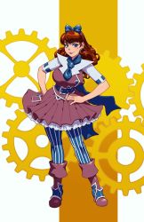 Rule 34 | 1girl, bad id, bad twitter id, bliss barson, blue bow, blue eyes, blue neckwear, boots, bow, breasts, brown hair, contrapposto, cryamore, curly hair, eyeshadow, full body, gears, hair bow, hands on own hips, highres, large breasts, long hair, looking at viewer, makeup, mole, mole under eye, pantyhose, robaato, short sleeves, smile, solo, standing, striped clothes, striped pantyhose, vertical-striped clothes, vertical-striped pantyhose