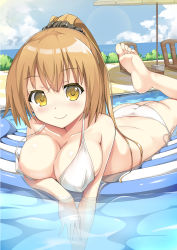 Rule 34 | 1girl, ass, barefoot, bikini, blonde hair, blush, breasts, cleavage, collarbone, covered erect nipples, dead or alive, feet, highres, inflatable raft, kasumi (doa), large breasts, long hair, looking at viewer, lying, on stomach, original, ponytail, pool, raft, scrunchie, side-tie bikini bottom, smile, soles, solo, strap gap, swimsuit, tecmo, toes, totto, water, white bikini, yellow eyes
