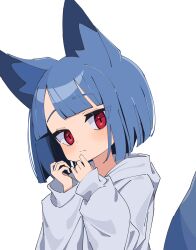 Rule 34 | 1girl, absurdres, animal ear fluff, animal ears, blue hair, blush, closed mouth, commentary, grey hoodie, hands up, head tilt, highres, hood, hood down, hoodie, long sleeves, looking at viewer, myakuro, original, puffy long sleeves, puffy sleeves, red eyes, short hair, simple background, sleeves past wrists, solo, symbol-only commentary, tail, upper body, white background