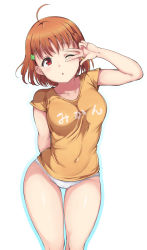 Rule 34 | 10s, 1girl, ahoge, alp, blush, braid, breasts, cameltoe, clothes writing, collarbone, commentary request, covered navel, hair ornament, love live!, love live! sunshine!!, medium breasts, no pants, one eye closed, open mouth, panties, red eyes, shiny skin, shirt, short hair, simple background, solo, t-shirt, takami chika, thigh gap, underwear, v, v over eye, white background, white panties