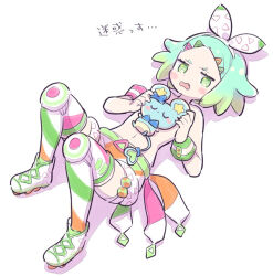 Rule 34 | 1girl, animal, animal on chest, chuppe, convenient censoring, fang, full body, gradient hair, green eyes, green hair, hairband, holding, holding animal, idol time pripara, knee pads, knees up, looking at viewer, mouse (animal), multicolored hair, nijiiro nino, open mouth, pretty series, pripara, roller skates, short hair, simple background, skates, solo, swept bangs, terayamaden, topless, triangle hair ornament, white background, white footwear, white hairband