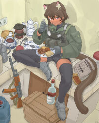 Rule 34 | 19vodnik, 1girl, absurdres, ak-74, alcohol, ammunition pouch, animal ears, assault rifle, biscuit (bread), brown hair, cat ears, cat girl, cat tail, coffee, counter, crate, eating, field ration, gas tank, gloves, gun, handgun, highres, kalashnikov rifle, kitchen, on counter, orange eyes, original, pouch, revolver, rifle, sardine, shoes, shorts, solo, spoon, stalker (game), tail, tea, teapot, thighhighs, turtleneck, vodka, weapon