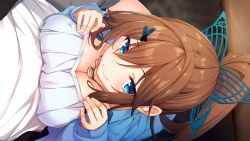 Rule 34 | 1girl, blue eyes, blush, breast press, breast suppress, breasts, brown hair, chobipero, cleavage, closed mouth, from above, game cg, giuniu, hair between eyes, hands on own chest, hands up, happy, high ponytail, hinekuremono no gakuen seishun monogatari, jewelry, large breasts, light blush, looking at viewer, nanjou sakuya, necklace, original, ponytail, pov, ring, rozea, sitting, sleeves past wrists, smile, solo focus