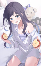 Rule 34 | 1girl, :d, absurdres, aiba uiha, apple, black hair, blue eyes, blush, bow, breasts, camisole, collarbone, collared shirt, dress shirt, food, fruit, hair bow, highres, holding, holding food, holding fruit, indoors, long hair, looking at viewer, menomanome, mole, mole under eye, nijisanji, off shoulder, on bed, open clothes, open mouth, oversized clothes, oversized shirt, pillow, purple bow, seiza, shirt, sitting, small breasts, smile, solo, stuffed animal, stuffed toy, teddy bear, virtual youtuber, white shirt