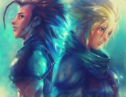 Rule 34 | 1990s (style), 2boys, armor, back-to-back, bad id, bad pixiv id, blonde hair, blue eyes, brown hair, cloud strife, crisis core final fantasy vii, final fantasy, final fantasy vii, multiple boys, pauldrons, retro artstyle, santa fung, scar, scarf, shoulder armor, spiked hair, square enix, zack fair