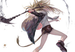 Rule 34 | 1girl, absurdres, animal ears, ankle boots, arknights, ass, bingansuan jiamouren, black footwear, black jacket, blonde hair, boots, breasts, candy, clothing cutout, cutoffs, food, from behind, fur-trimmed jacket, fur trim, hammer, highres, holding, holding food, holding weapon, jacket, leg up, lion ears, lion girl, lion tail, lollipop, long hair, long sleeves, medium breasts, open clothes, open jacket, red shorts, shirt, short shorts, shorts, siege (arknights), simple background, solo, standing, standing on one leg, tail, tail through clothes, very long hair, weapon, white background, white shirt