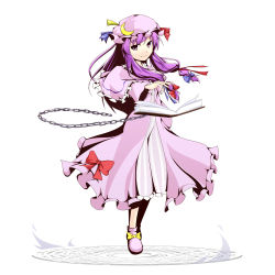 Rule 34 | 1girl, book, bow, chain, female focus, magic circle, patchouli knowledge, pink bow, purple hair, simple background, smile, solo, touhou, tsuyuki, tsuyuki (yukitgraph)