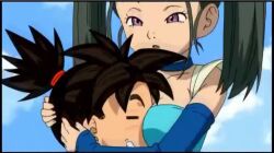 Rule 34 | 1boy, 1girl, animated, anime screencap, arms around neck, between breasts, black hair, blue dragon, bouquet (blue dragon), breasts, closed eyes, curvy, face between breasts, head between breasts, hug, looking at viewer, looking down, purple eyes, shu (blue dragon), tagme, video