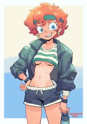 Rule 34 | 1girl, 2021, artist name, blue eyes, blue shorts, bottle, braces, breasts, collarbone, colo (nagrolaz), cowboy shot, earrings, freckles, green headband, green jacket, green shirt, grin, groin, hand on own hip, headband, highres, holding, holding bottle, jacket, jewelry, medium breasts, messy hair, midriff, navel, no bra, original, red hair, shirt, short hair, short shorts, shorts, simple background, smile, solo, striped clothes, striped shirt, tan, tanline, thick eyebrows, underboob, v-neck, water bottle, wristband