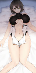 Rule 34 | 1girl, 27-nichi, azur lane, baltimore (azur lane), bare shoulders, black shirt, braid, breasts, breasts apart, brown hair, closed mouth, clothing cutout, commentary request, cowboy shot, crop top, french braid, hair between eyes, highres, knees together feet apart, large breasts, looking at viewer, lying, navel, on back, on bed, partial commentary, pelvic curtain, pillow, shirt, short hair, sidelocks, sleeveless, sleeveless shirt, smile, solo, stomach cutout, underboob, underboob cutout, yellow eyes, zipper, zipper pull tab