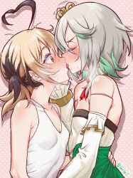 2girls absurdres ahoge bare_shoulders blonde_hair blush breasts brown_hair cecilia_immergreen cecilia_immergreen_(1st_costume) closed_eyes commentary detached_sleeves doll_joints english_commentary french_kiss from_side gigi_murin green_hair green_shirt grey_hair hand_on_another&#039;s_face hand_on_another&#039;s_waist heart heart_ahoge heart_background highres hololive hololive_english joints kiss looking_at_another medium_hair multicolored_hair multiple_girls pink_background pink_eyes profile shirt small_breasts streaked_hair sweat tank_top twintails varliet virtual_youtuber white_tank_top winding_key yuri