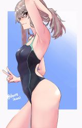 Rule 34 | 1girl, black one-piece swimsuit, breasts, brown eyes, character request, commentary request, commission, competition swimsuit, copyright request, covered navel, cowboy shot, gradient background, grey hair, highres, holding, holding hair, looking at viewer, one-piece swimsuit, shure (rainround), skeb commission, small breasts, solo, swimsuit, v