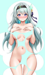 Rule 34 | 1girl, absurdres, black hairband, blue pupils, blush, breasts, bubble filter, closed mouth, completely nude, cowboy shot, firefly (honkai: star rail), green background, green hair, hairband, hands on own chest, highres, honkai: star rail, honkai (series), looking at viewer, medium breasts, nose blush, nude, purple eyes, royboy, smile, solo, white background