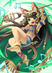 Rule 34 | 1girl, animal ears, anklet, armlet, armpits, barefoot, bastet (p&amp;d), beamed quavers, blunt bangs, bracelet, brown hair, cat ears, cat tail, commentary request, green eyes, hair ornament, highres, jewelry, musical note, open mouth, puzzle &amp; dragons, qi&#039;e (penguin), quaver, soles, solo, tail, tooth