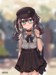 Rule 34 | 1girl, :3, ahoge, belt, beret, bespectacled, blurry, blurry background, breasts, brown hair, casual, collar, earrings, glasses, green eyes, hair between eyes, hat, hololive, jewelry, looking at viewer, medium hair, natsuiro matsuri, natsuiro matsuri (casual), small breasts, solo, twintails, user ntzz4442, virtual youtuber